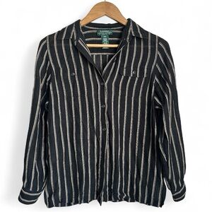 Ralph Lauren Black and Cream Striped Button-Down Silk and Linen Blouse
